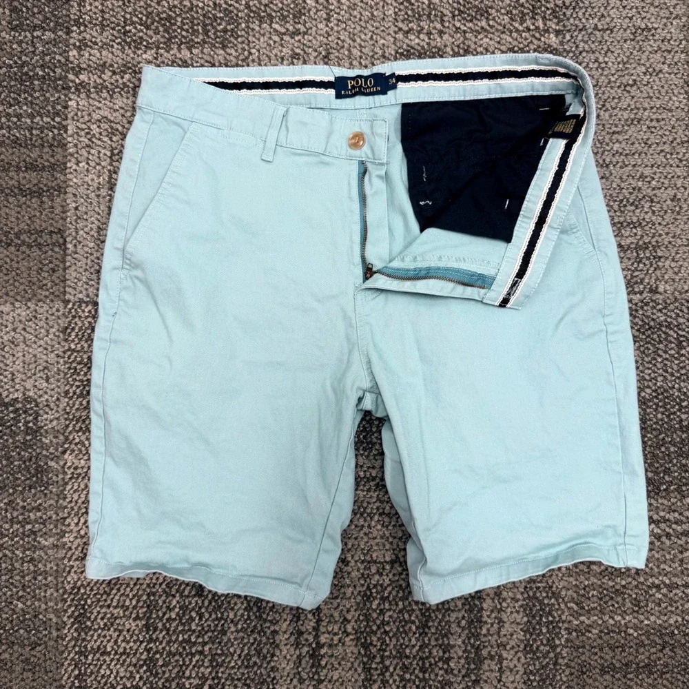 Polo Ralph Lauren Chino Shorts Mens 34 Light Blue Solid Cotton Blend Flat Front